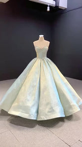 Light Blue Spaghetti Elegant Satin Evening Ball Gown - FashionByTeresa